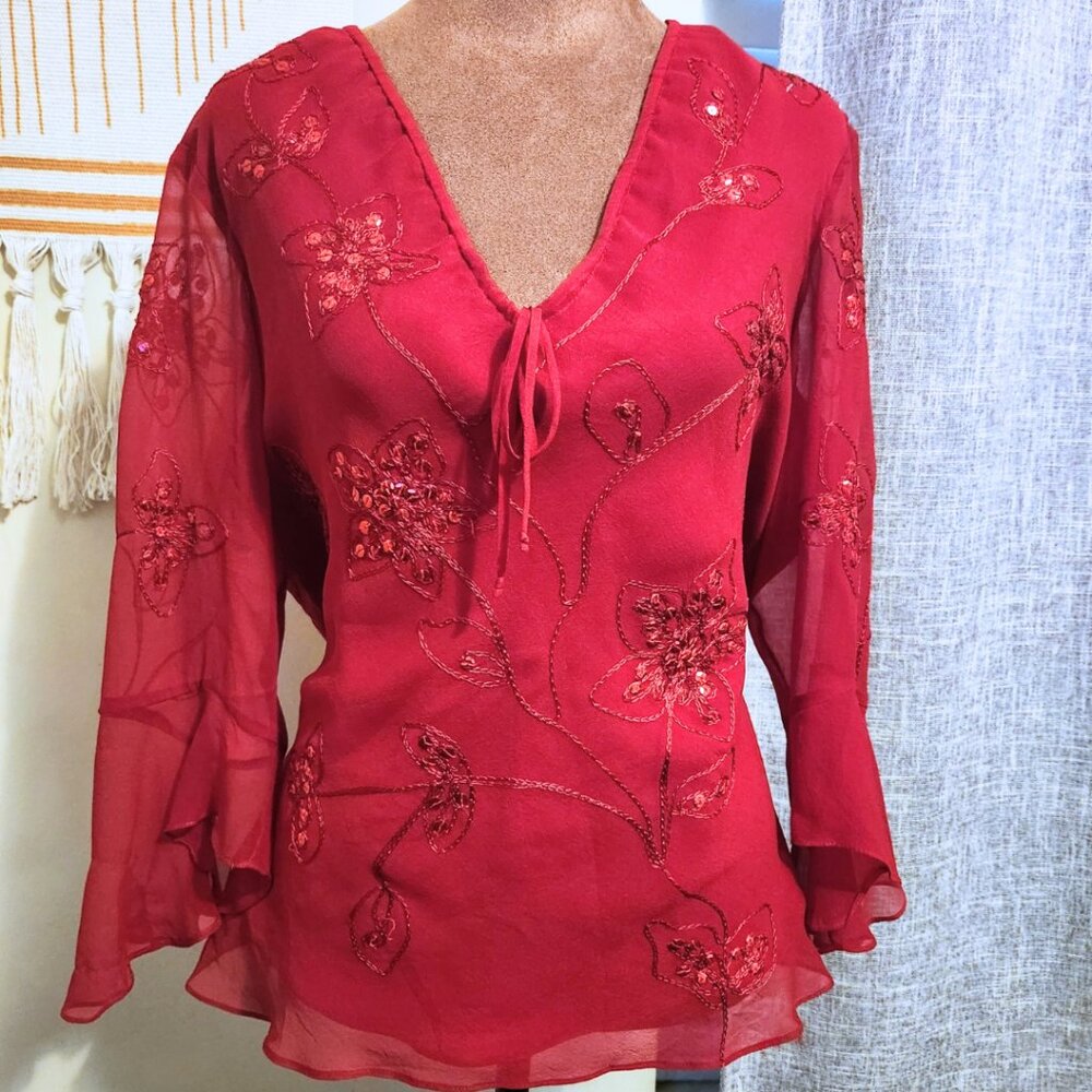 Silkland Elegant Red Vintage Babydoll Top Sequins | Vintage & Y2K | Size L